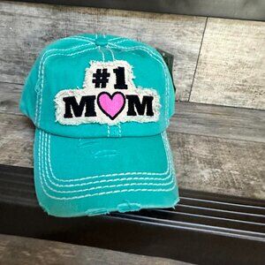 Kbethos Womens Distressed Turquoise #1Mom Adjustable Baseball Cap